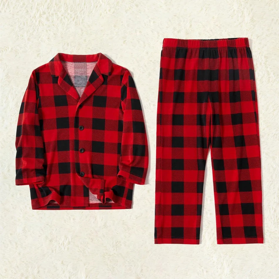 Family matching plaid pajama set with classic button-up design