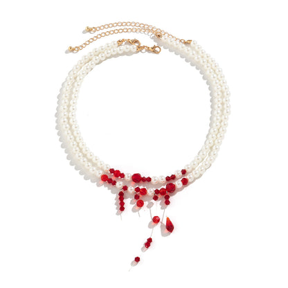 Pearl and red crystal layered choker necklace