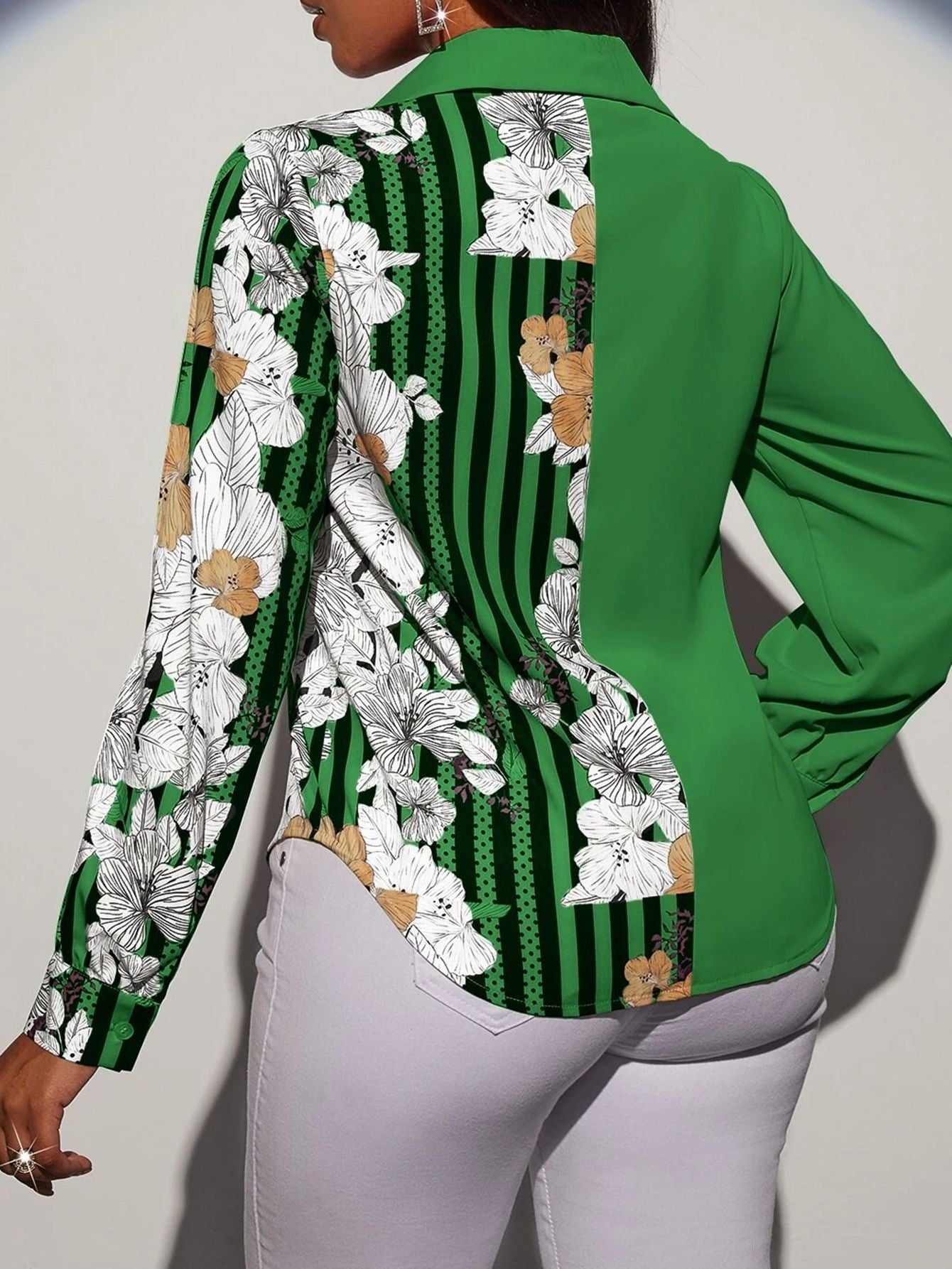Women's Button-Up Blouse - Split Design - Cold-Shoulder Long Sleeve - Tailored Fit