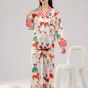 Women's holiday dog print pajama set with red-striped accent