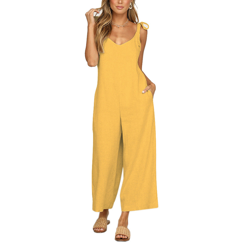 Women's Jumpsuit - V-Neck Wide Leg - Tie Shoulder Straps - Cropped Length with Pockets