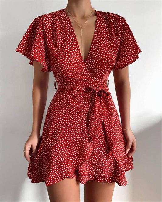 Wrap V-Neck Flutter Sleeve Flared Dress
