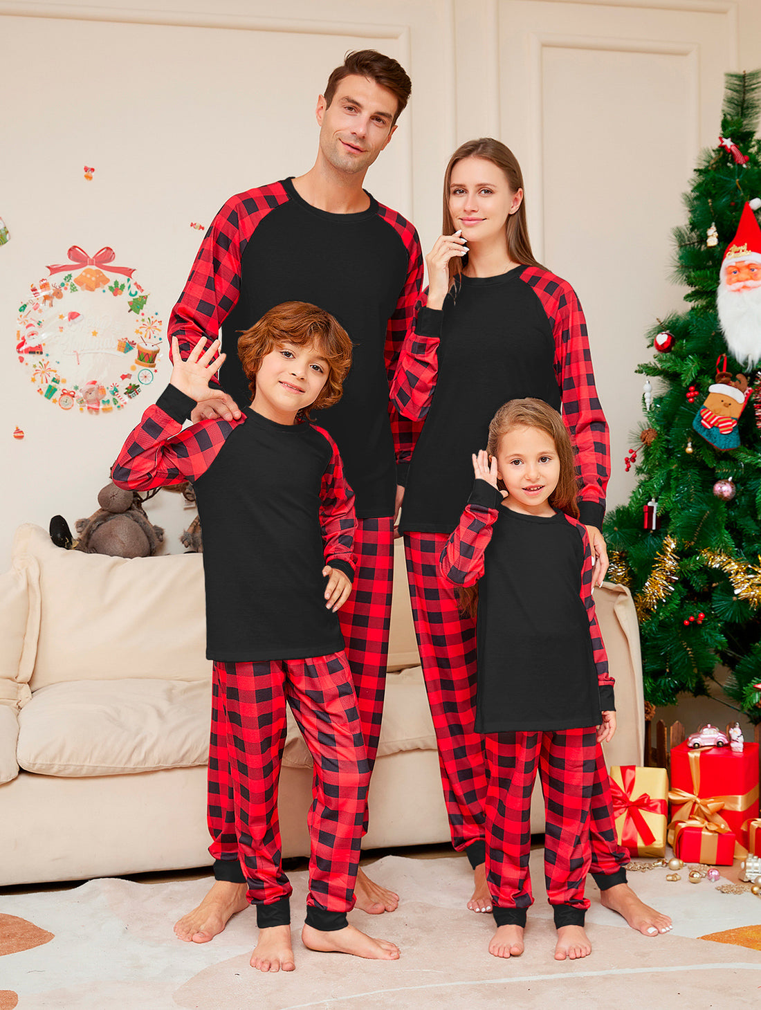 Family matching plaid pajama set with buffalo check pattern