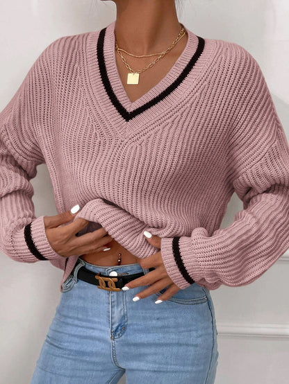 Women's casual sweater with patchwork v-neck