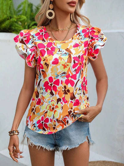 Women's Floral Blouse - Round Neck - Flutter Short Sleeves - Lightweight Casual Fit