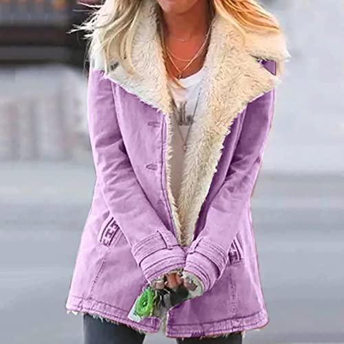 Women's Shearling-Lined Suede Jacket - Mid-Length - Wide Lapel - Button Closure