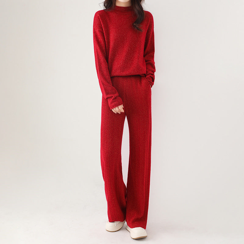 Isla Relaxed Fit Pullover Sweater And Wide-Leg Pants Two-Piece Set | Mock Neck Ribbed Cuffs Sweater