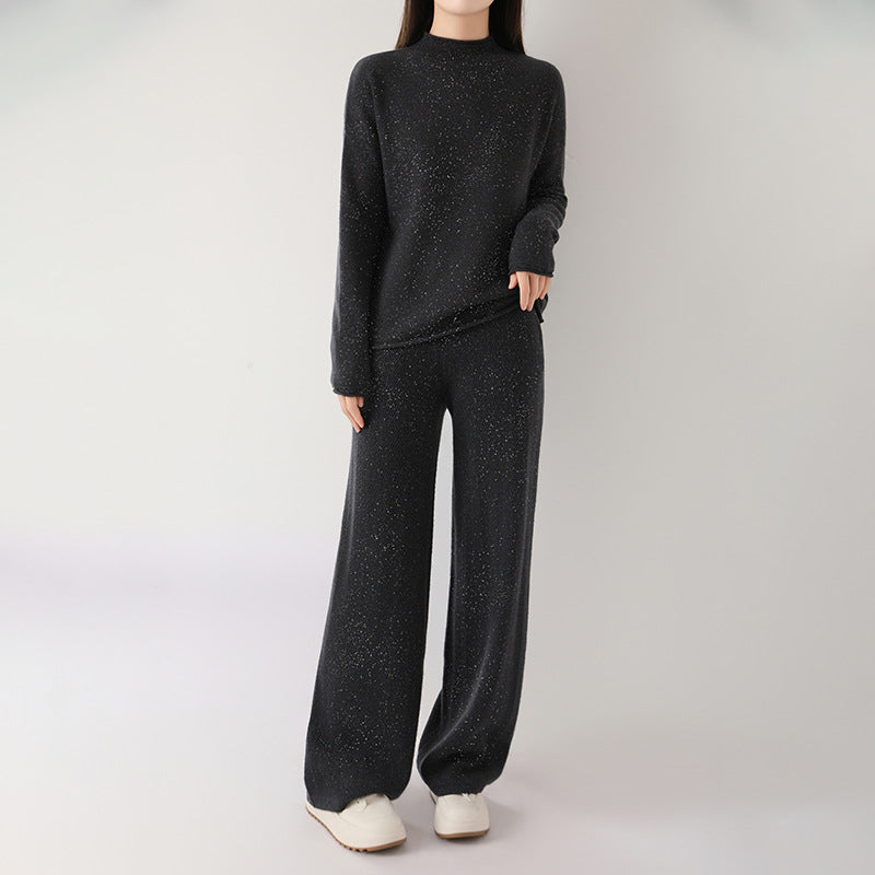 Isla Relaxed Fit Pullover Sweater And Wide-Leg Pants Two-Piece Set | Mock Neck Ribbed Cuffs Sweater