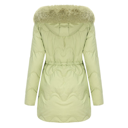 Women's winter jacket with detachable hood and zip fasteners