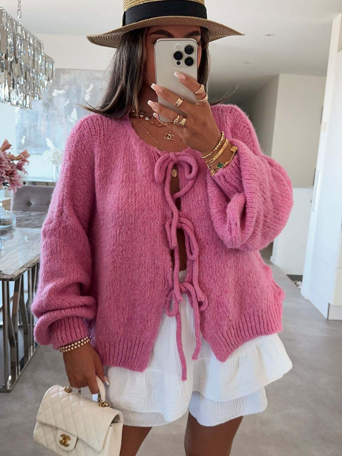 Cozy chic bow-tie front knit sweater for women