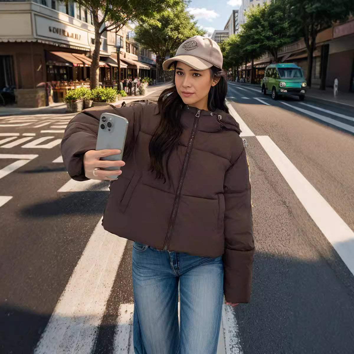 Women's half-placket puff pastry slim fit down jacket
