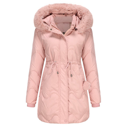 Women's winter jacket with detachable hood and zip fasteners