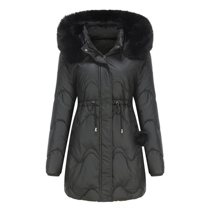 Women's winter jacket with detachable hood and zip fasteners