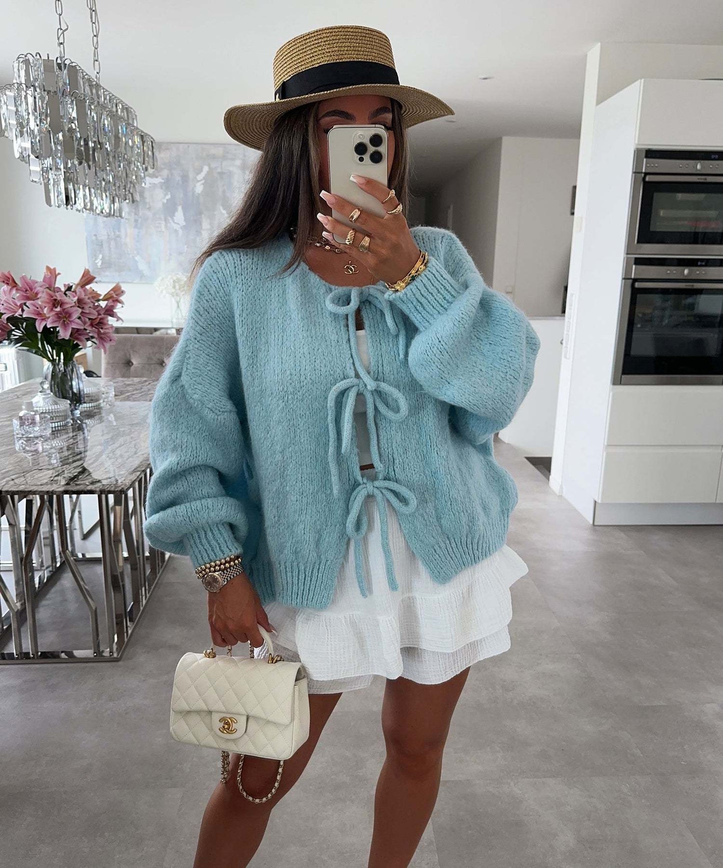 Women’s Knit Cardigan - Chunky Texture - Tie Front - Long Sleeve Relaxed Fit