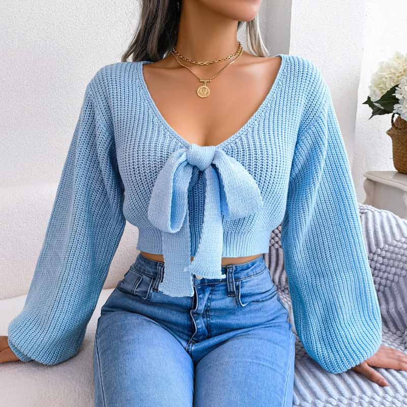 Raya - V-neck bowknot knitted crop top