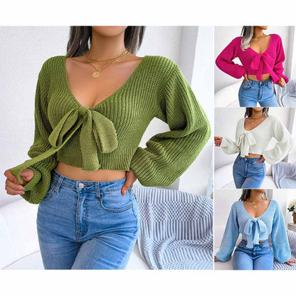Raya - V-neck bowknot knitted crop top