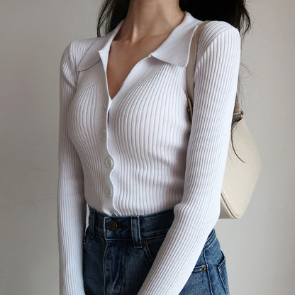 Women's slim fit V-neck lapel cardigan sweater