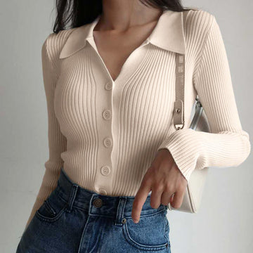 Women's slim fit V-neck lapel cardigan sweater