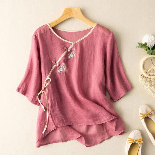 Embroidered Linen-Cotton Loose Fit Blouse