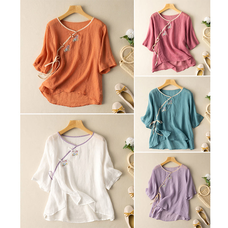Women's Blouse - Loose Fit Linen Cotton - Embroidered - 3/4 Sleeve - Knot Button