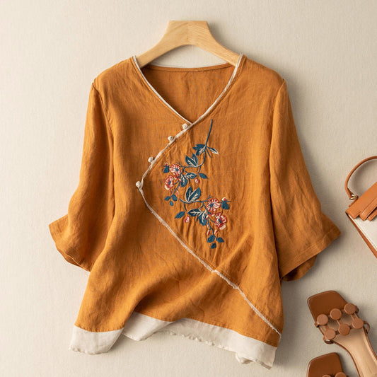 Embroidered Floral Wrap V-Neck Blouse