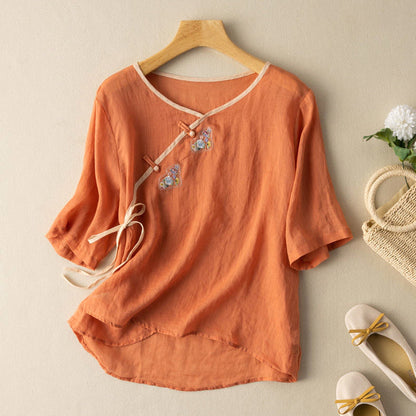 Women's Blouse - Loose Fit Linen Cotton - Embroidered - 3/4 Sleeve - Knot Button
