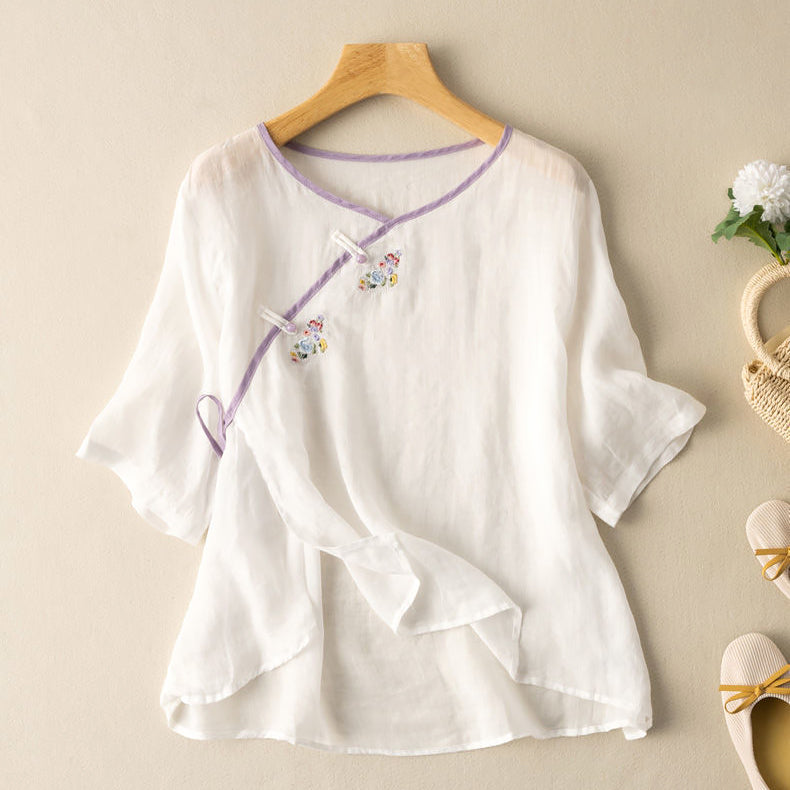 Women's Blouse - Loose Fit Linen Cotton - Embroidered - 3/4 Sleeve - Knot Button