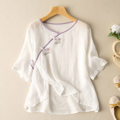 Women's Blouse - Loose Fit Linen Cotton - Embroidered - 3/4 Sleeve - Knot Button