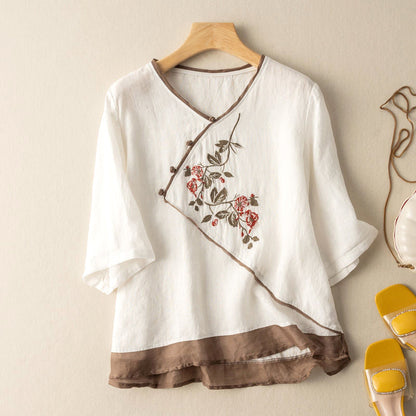 Women's Blouse - V-Neck Wrap Style - Embroidered Floral Design - Long Sleeve