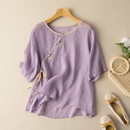 Women's Blouse - Loose Fit Linen Cotton - Embroidered - 3/4 Sleeve - Knot Button