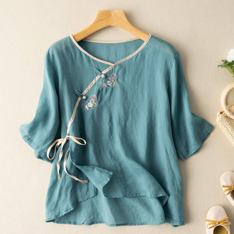 Women's Blouse - Loose Fit Linen Cotton - Embroidered - 3/4 Sleeve - Knot Button