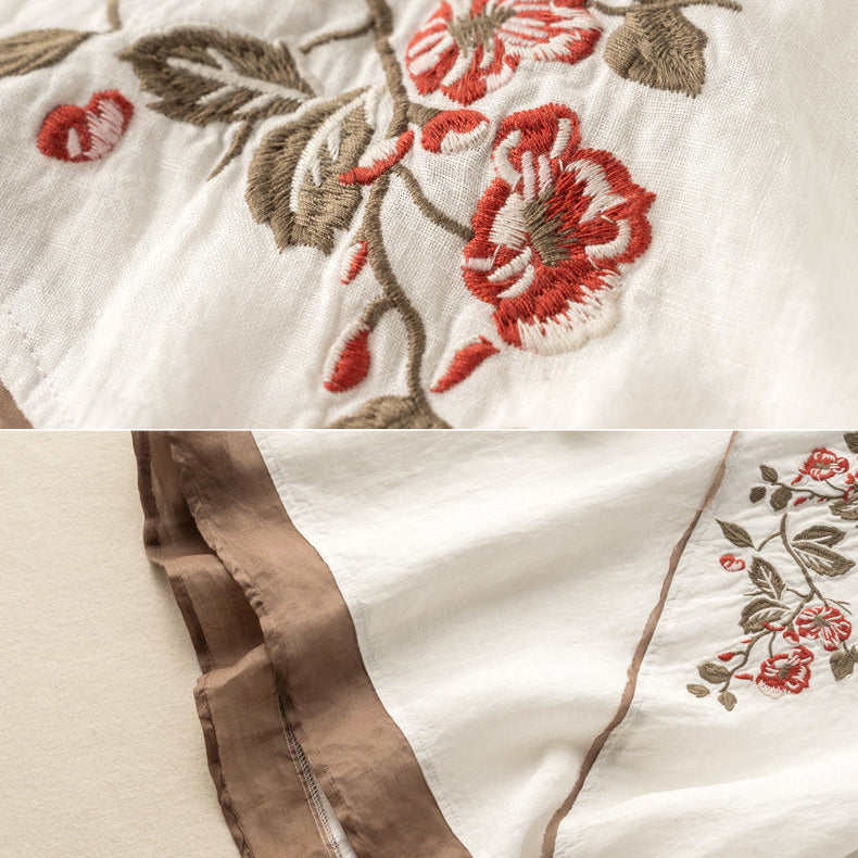 Women's Blouse - V-Neck Wrap Style - Embroidered Floral Design - Long Sleeve
