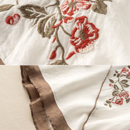 Women's Blouse - V-Neck Wrap Style - Embroidered Floral Design - Long Sleeve
