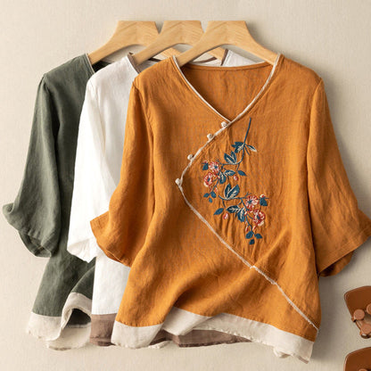 Women's Blouse - V-Neck Wrap Style - Embroidered Floral Design - Long Sleeve