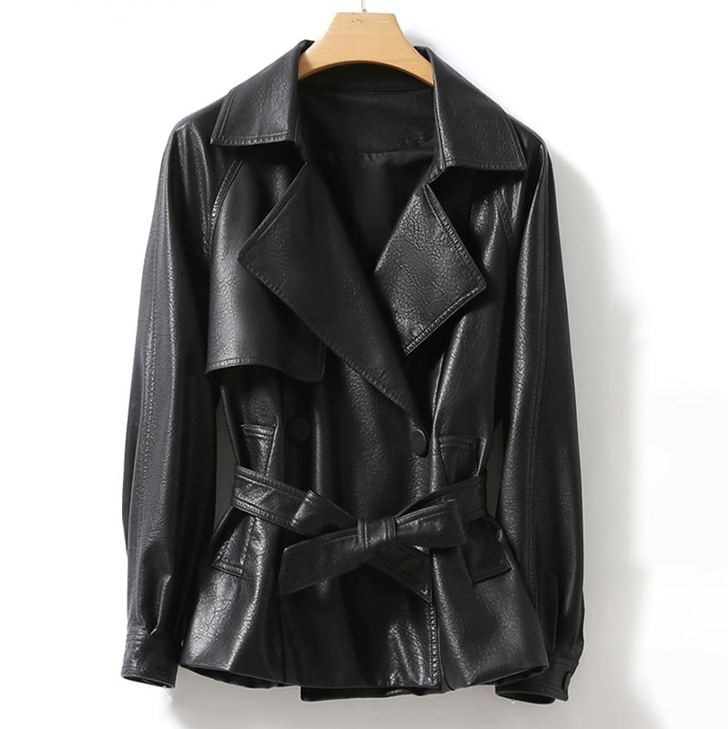 Women's leather jacket with belted waist