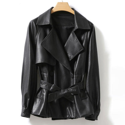 Women's leather jacket with belted waist