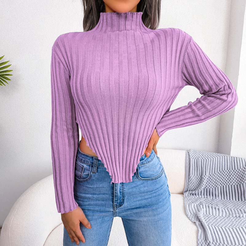 Hannah - asymmetrical long-sleeved knitted sweater with half-high collar