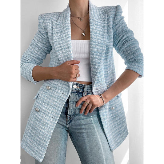 Double-Breasted Blue Tweed Blazer