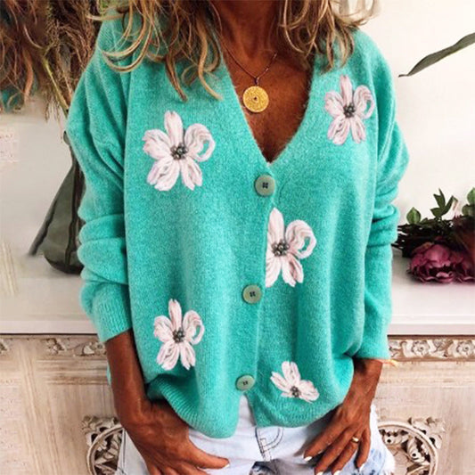 Floral Pattern Long-Sleeved Cardigan Sweater