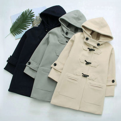 Women's winter horn button mid-length hooded coat