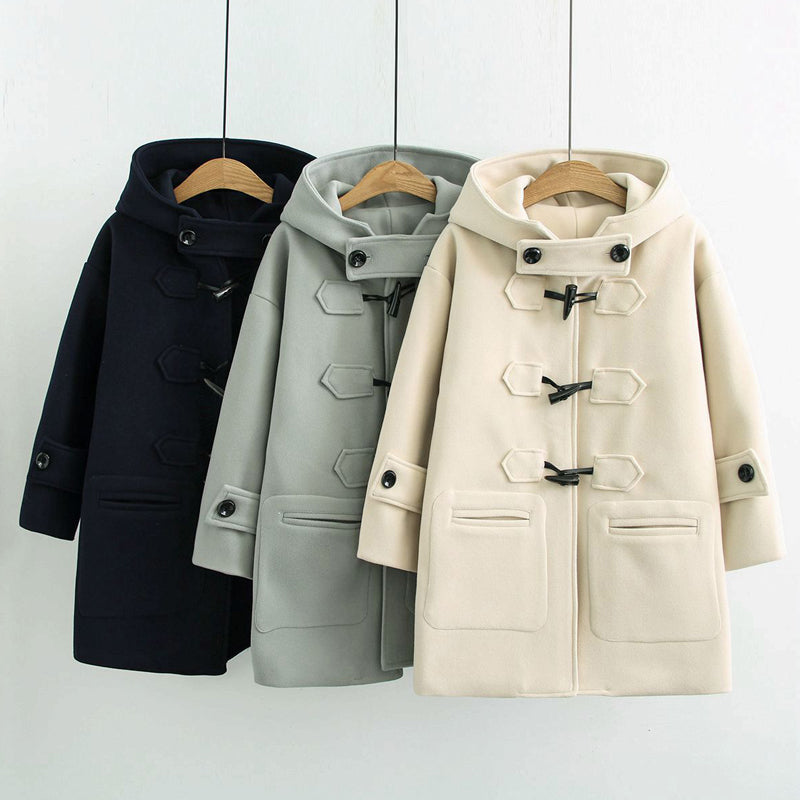 Women's winter horn button mid-length hooded coat