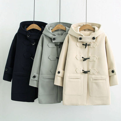 Women's winter horn button mid-length hooded coat