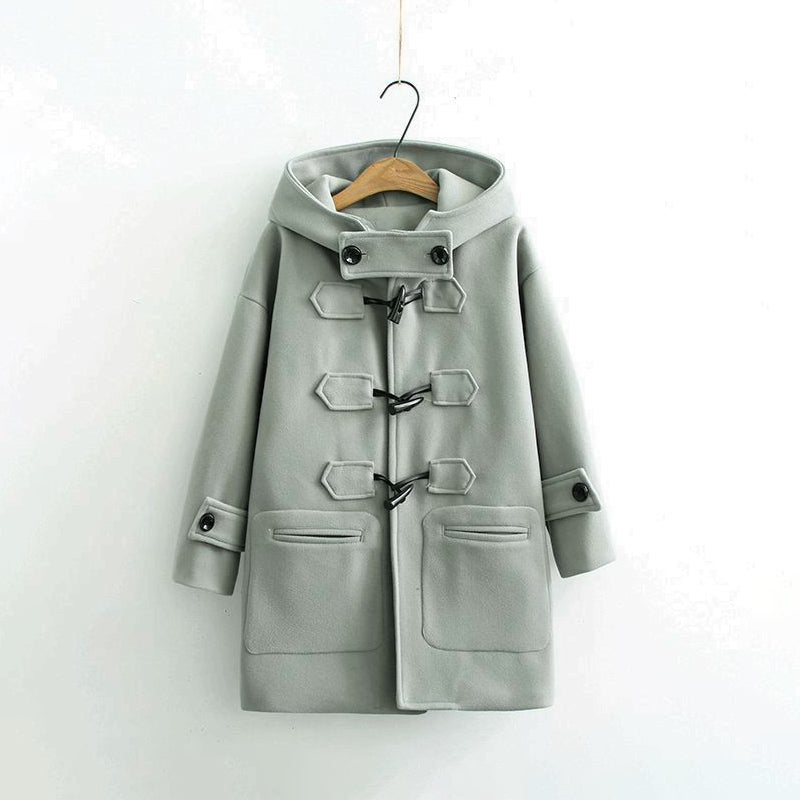 Women's winter horn button mid-length hooded coat