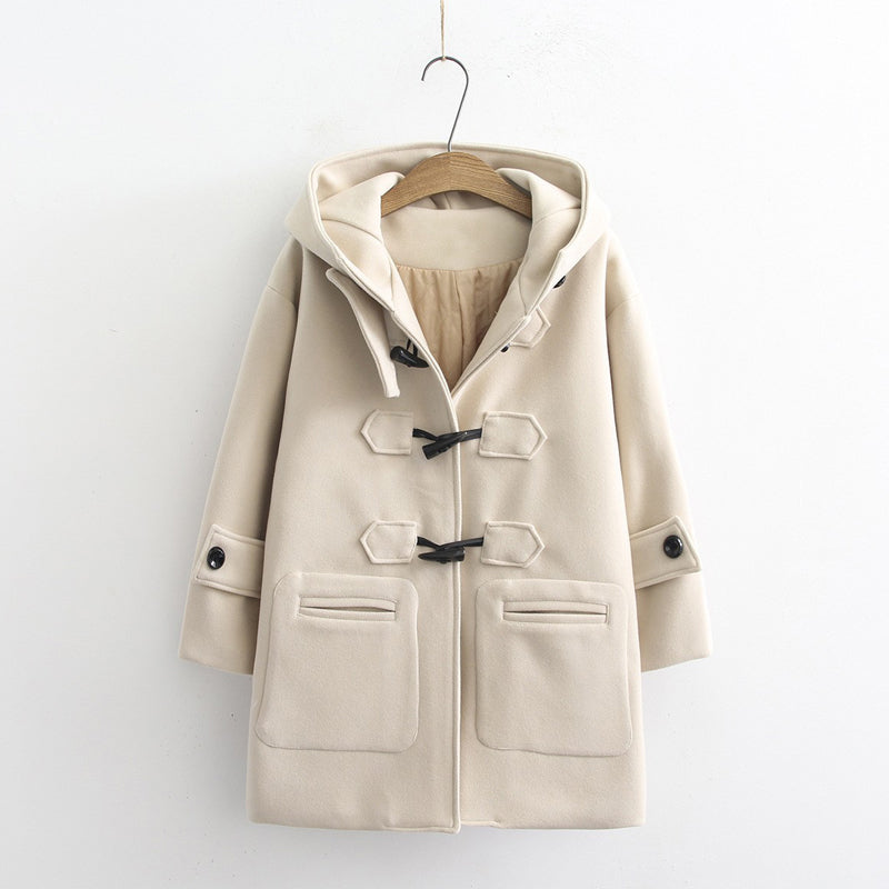 Women's winter horn button mid-length hooded coat