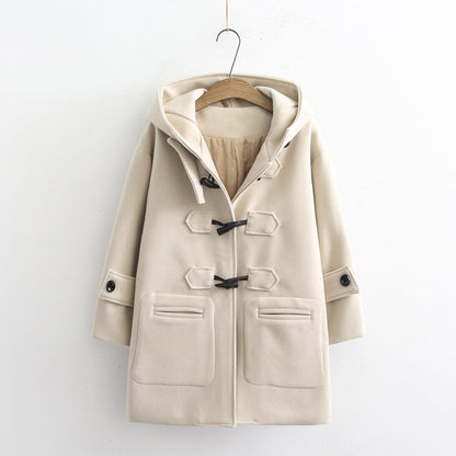 Women's winter horn button mid-length hooded coat