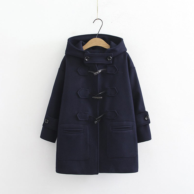 Women's winter horn button mid-length hooded coat