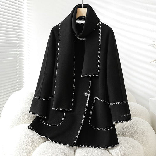Embroidery Detail Loose Woolen Top With Scarf