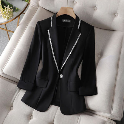Women's Blazer - Single-Button Closure - Rhinestone Lapel - Tailored Fit - Padded Shoulders