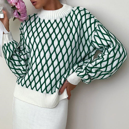 Plaid Lantern Sleeve Loose Knit Top