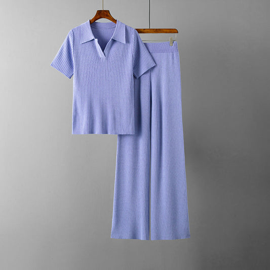 Polo Collar Short-Sleeved Wide-Leg Trousers Set